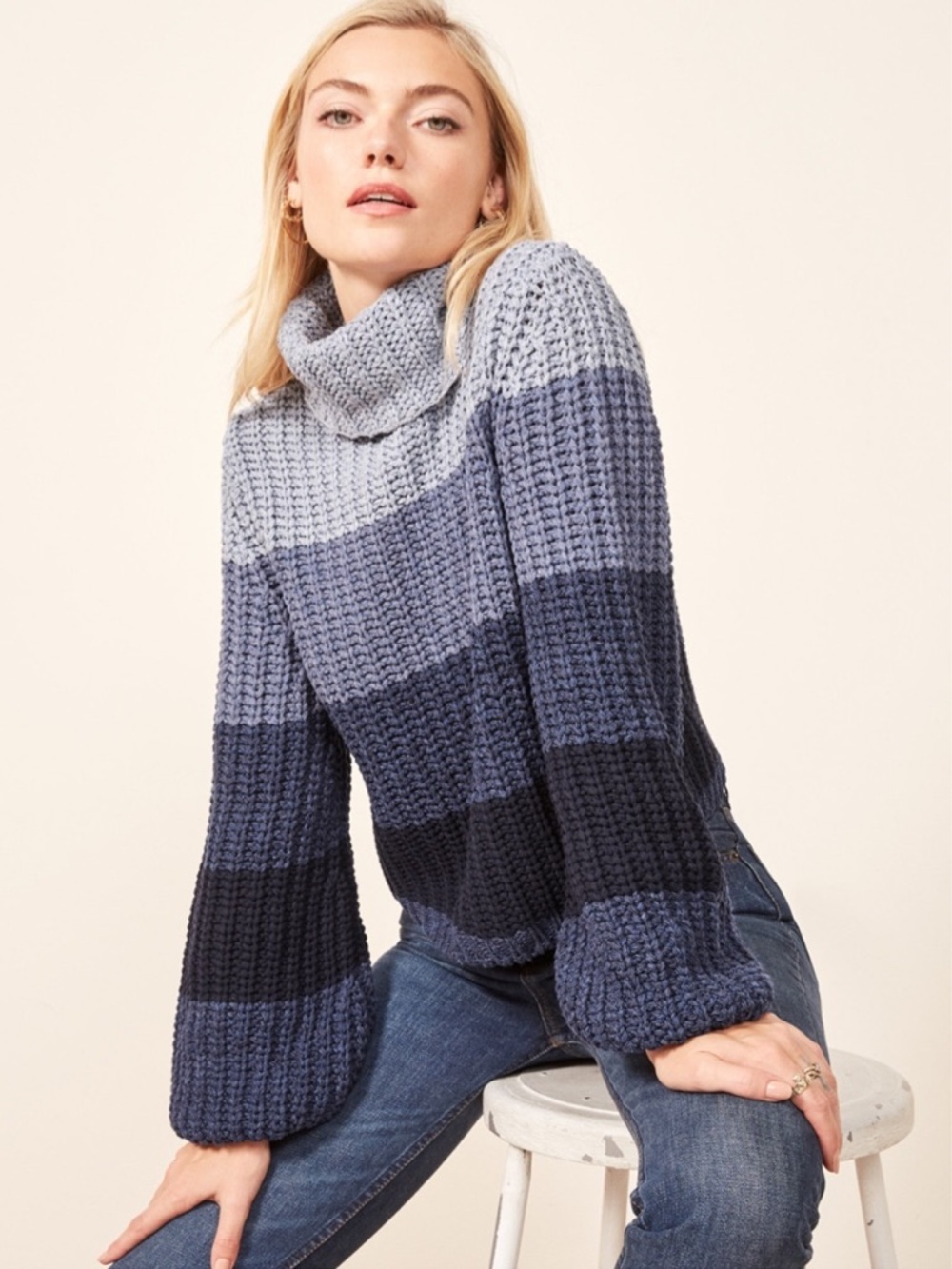 La Ligne x Reformation 'Color-Me-Happy' Sweater in Blue Stripe Chunky Turtleneck